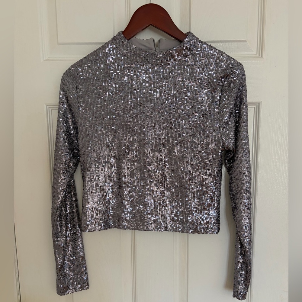 Mango Silver Sequin Long-Sleeve Crop Top